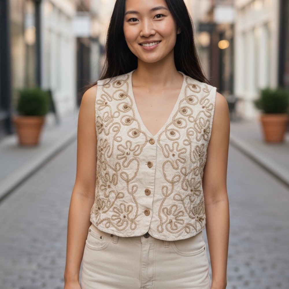 Embroidered Beige Vest